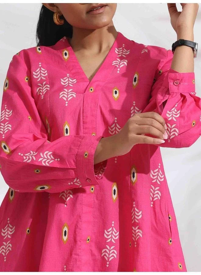 trueBrowns trueBrowns Pink Cotton Print Flared Top Co-ord Set