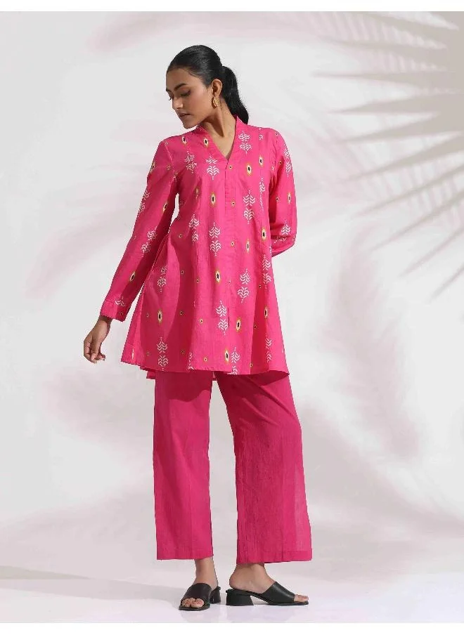 ترو برونز trueBrowns Pink Cotton Print Flared Top Co-ord Set