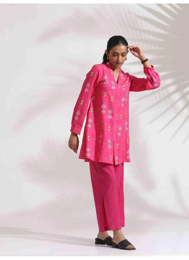 ترو برونز trueBrowns Pink Cotton Print Flared Top Co-ord Set