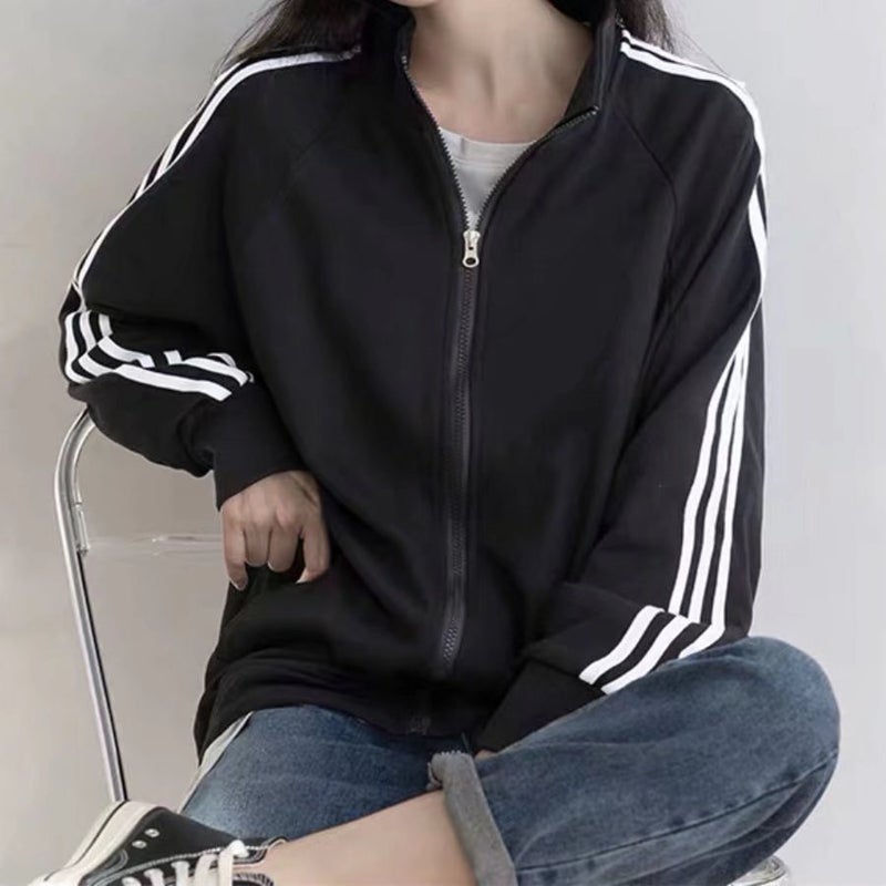 Sports Baseball uniform spring and summer new three bars coat female Korean thin jacket student black female loose bf fashion White - Image 3