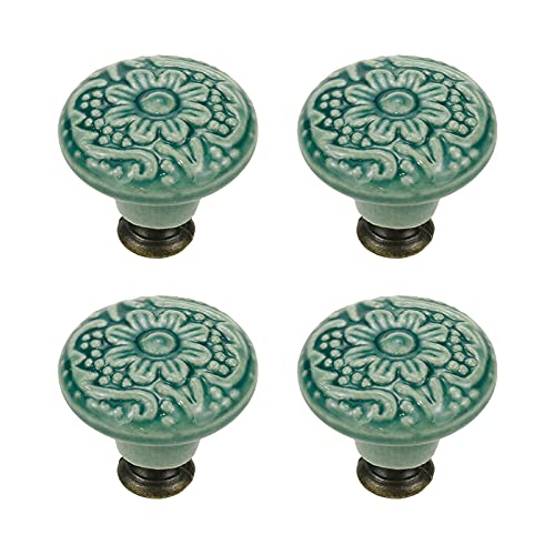 Geesatis 4 Pcs Round Ceramic Drawer Knobs Cabinet Furniture Handle Vintage Flower Pattern Knobs, with Mounting Screws, Green - Image 1