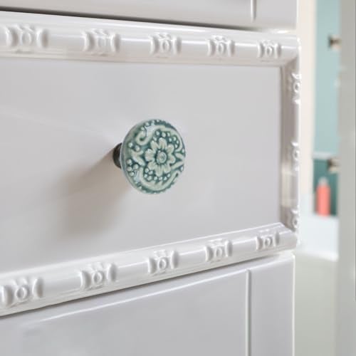 Geesatis 4 Pcs Round Ceramic Drawer Knobs Cabinet Furniture Handle Vintage Flower Pattern Knobs, with Mounting Screws, Green - Image 4