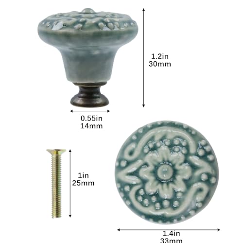 Geesatis 4 Pcs Round Ceramic Drawer Knobs Cabinet Furniture Handle Vintage Flower Pattern Knobs, with Mounting Screws, Green - Image 2