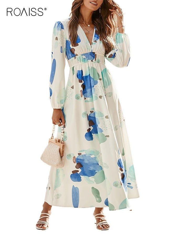 roaiss Women's V Neck Long Dress Long Sleeve High Waist Smocked Maxi Dress Spring and Autumn Printed Casual A-Line Work Office Midi Dress Elastic Waist for Women - Image 5