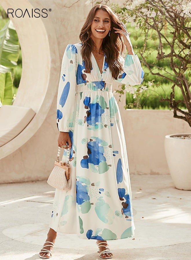 roaiss Women's V Neck Long Dress Long Sleeve High Waist Smocked Maxi Dress Spring and Autumn Printed Casual A-Line Work Office Midi Dress Elastic Waist for Women - Image 1