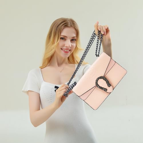 DEEPMEOW Crossbody Shoulder Evening Bag for Women - Snake Printed Leather Messenger Bag Chain Strap Clutch Small Square Satchel Purse（Pink） - Image 2