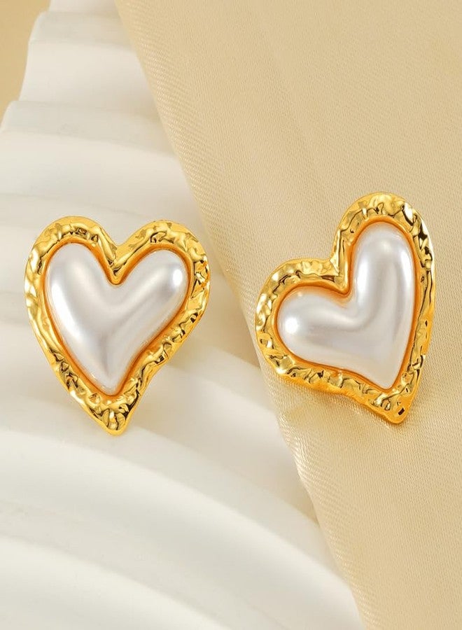 MEENAZ Pearl Stud Earrings set for women Stylish Ear Rings for girls Gold Plated Heart Love Stainless Steel Anti tarnish Jewellery for Women Girls Aesthetic Valentine Gift Accessory Premium -261 - Image 5