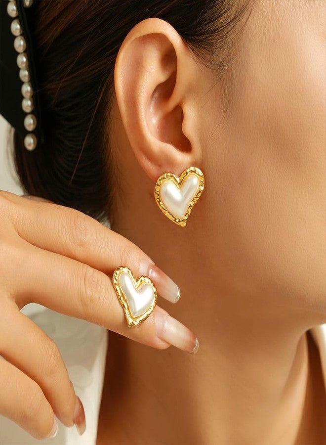 MEENAZ Pearl Stud Earrings set for women Stylish Ear Rings for girls Gold Plated Heart Love Stainless Steel Anti tarnish Jewellery for Women Girls Aesthetic Valentine Gift Accessory Premium -261 - Image 2