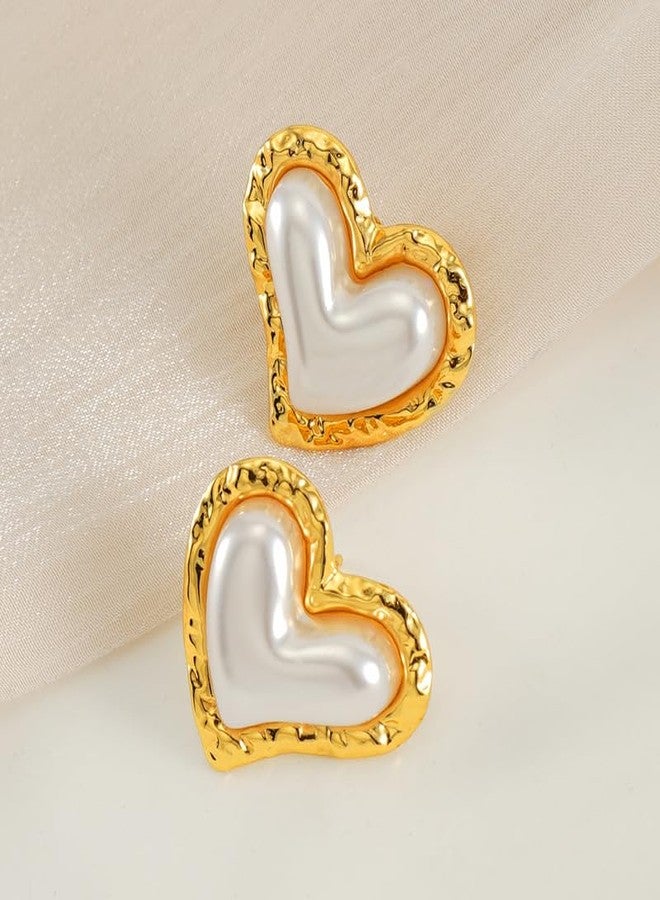 MEENAZ Pearl Stud Earrings set for women Stylish Ear Rings for girls Gold Plated Heart Love Stainless Steel Anti tarnish Jewellery for Women Girls Aesthetic Valentine Gift Accessory Premium -261 - Image 4