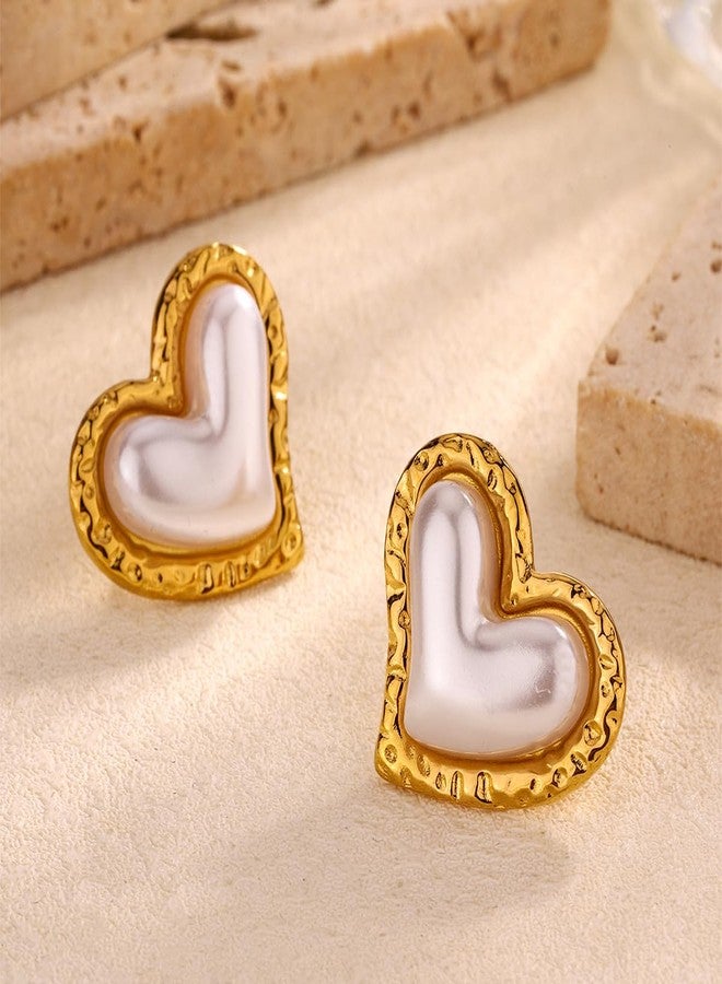 MEENAZ Pearl Stud Earrings set for women Stylish Ear Rings for girls Gold Plated Heart Love Stainless Steel Anti tarnish Jewellery for Women Girls Aesthetic Valentine Gift Accessory Premium -261 - Image 3