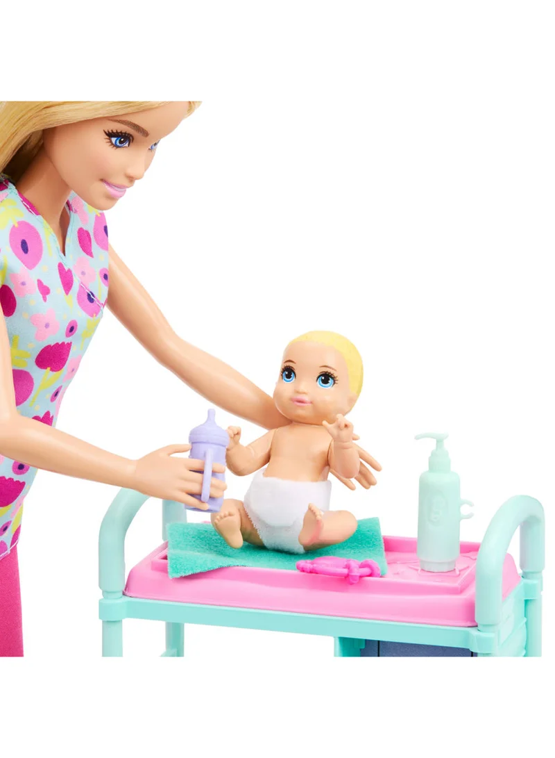 باربي Careers Baby Doctor Playset with Blonde Barbie Doll Wearing Scrubs, 2 Baby Dolls, Examination Table & Accessories