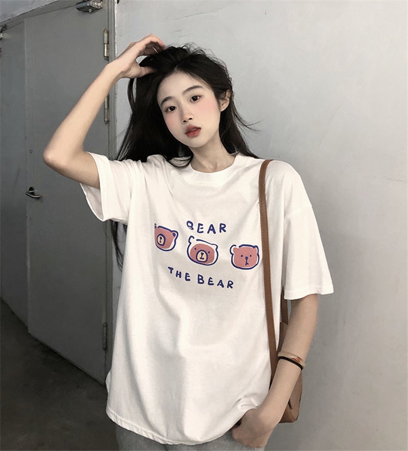 Short-Sleeved T-Shirt Women'S Cotton Loose Korean-Style Ins Women'S All-Match Cartoon Printed Inner Half-Sleeve Top - Image 1