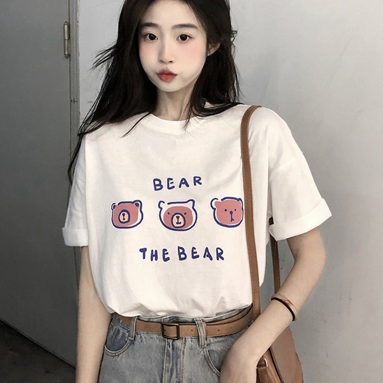Short-Sleeved T-Shirt Women'S Cotton Loose Korean-Style Ins Women'S All-Match Cartoon Printed Inner Half-Sleeve Top - Image 4