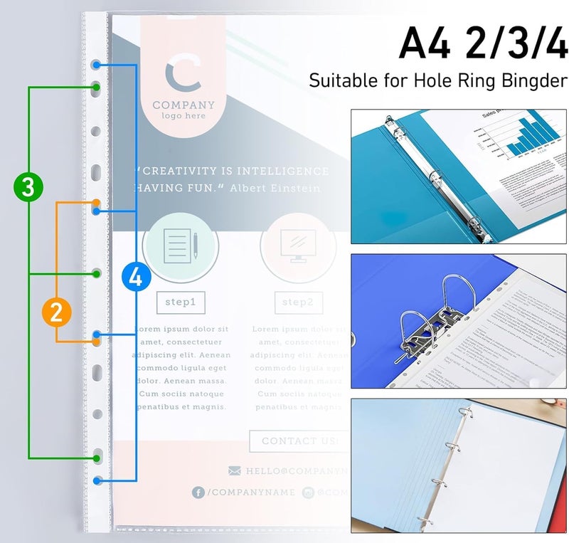 ADAK A4 Clear Sheet Protectors 100 Pack – Heavy-Duty Plastic Punched Pockets (11 Holes) | Transparent Top-Loading File Sleeves for 2/3/4 Ring Binders | Waterproof, Tear-Resistant Document Folders for Offic - Image 3