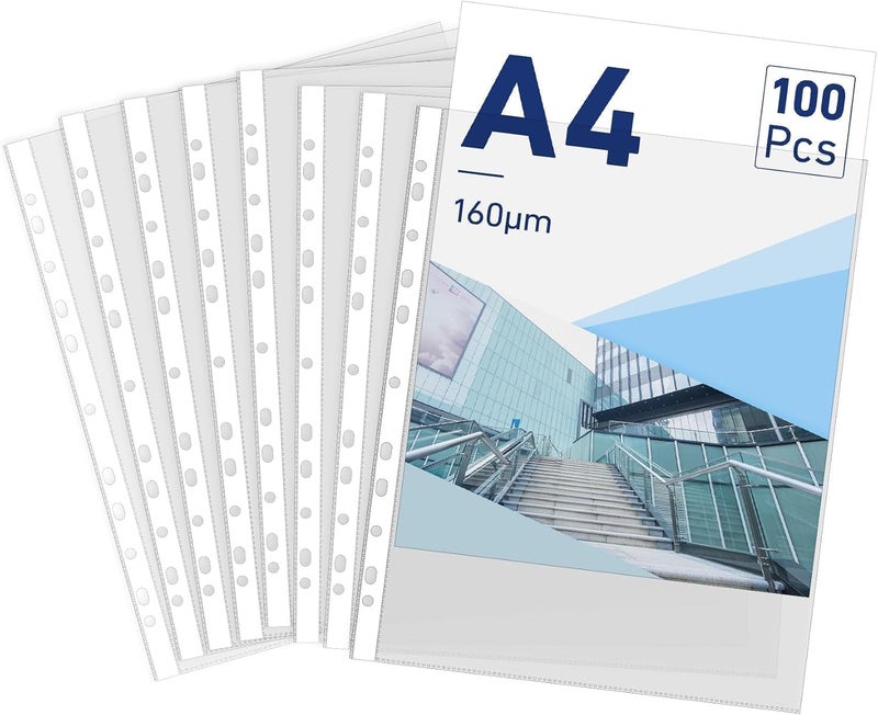 ADAK A4 Clear Sheet Protectors 100 Pack – Heavy-Duty Plastic Punched Pockets (11 Holes) | Transparent Top-Loading File Sleeves for 2/3/4 Ring Binders | Waterproof, Tear-Resistant Document Folders for Offic - Image 1