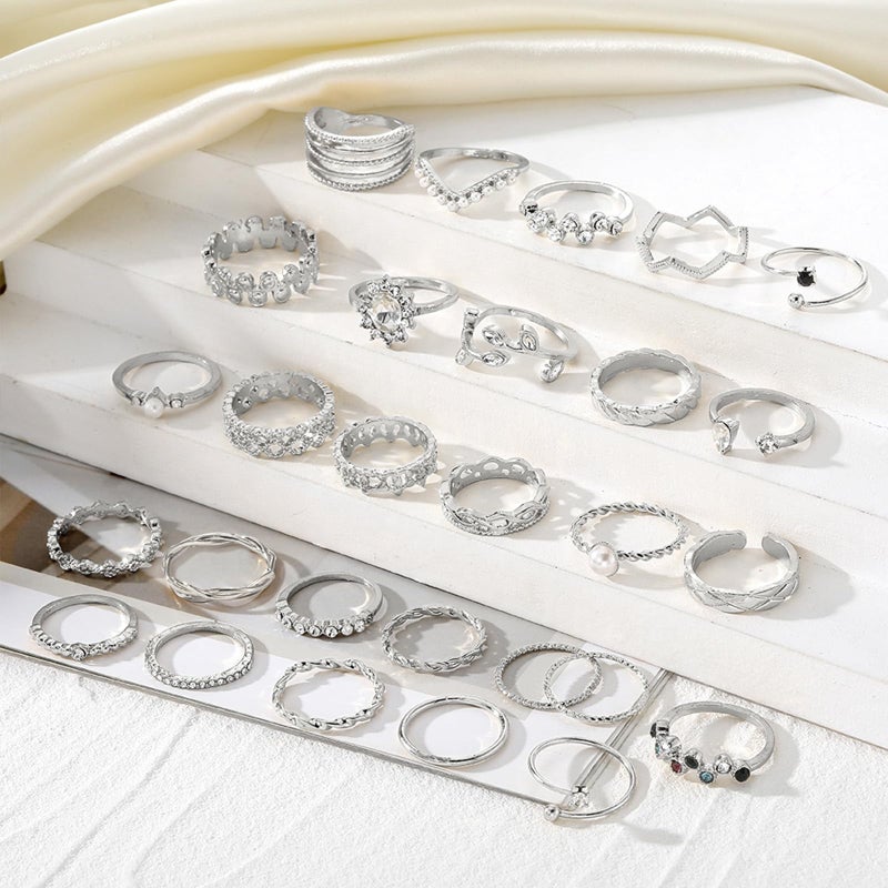 IFKM 28 Pcs Silver Knuckle Rings Set For Women Vintage Stackable Joint Finger Midi Rings Dainty Cubic Zirconia Crystal Simple Twist Hollow Cute Rings Pack Jewelry Gift (Starry Sky, Silver) - Image 4
