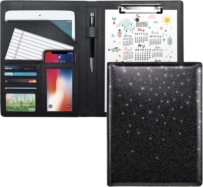 WAVEYU Glitter Portfolio Case, Bling Padfolio Cover for Women, Conference/Resume/Legal Document Organizer with Letter/A4 Size Clipboard Hardboard, Business Card Holders, Black - Image 1