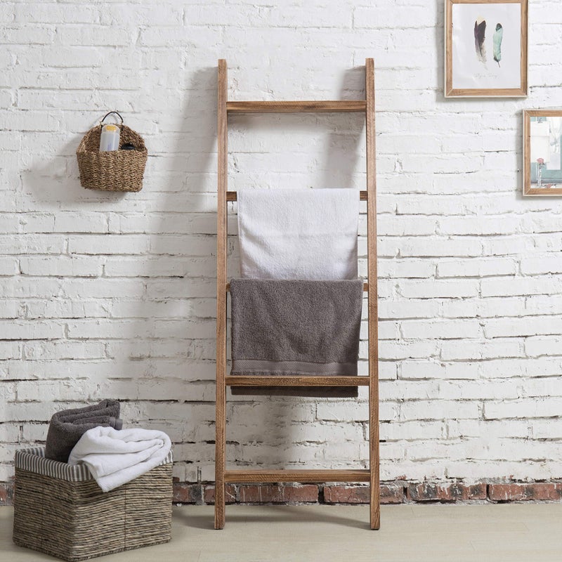 MyGift 4ft Tall Rustic Burnt Natural Wood Wall Leaning Blanket Ladder Shelf with 5 Rungs, Decorative Living Room Throw and Quilt Holder, Farmhouse Bedroom Decor - Image 3