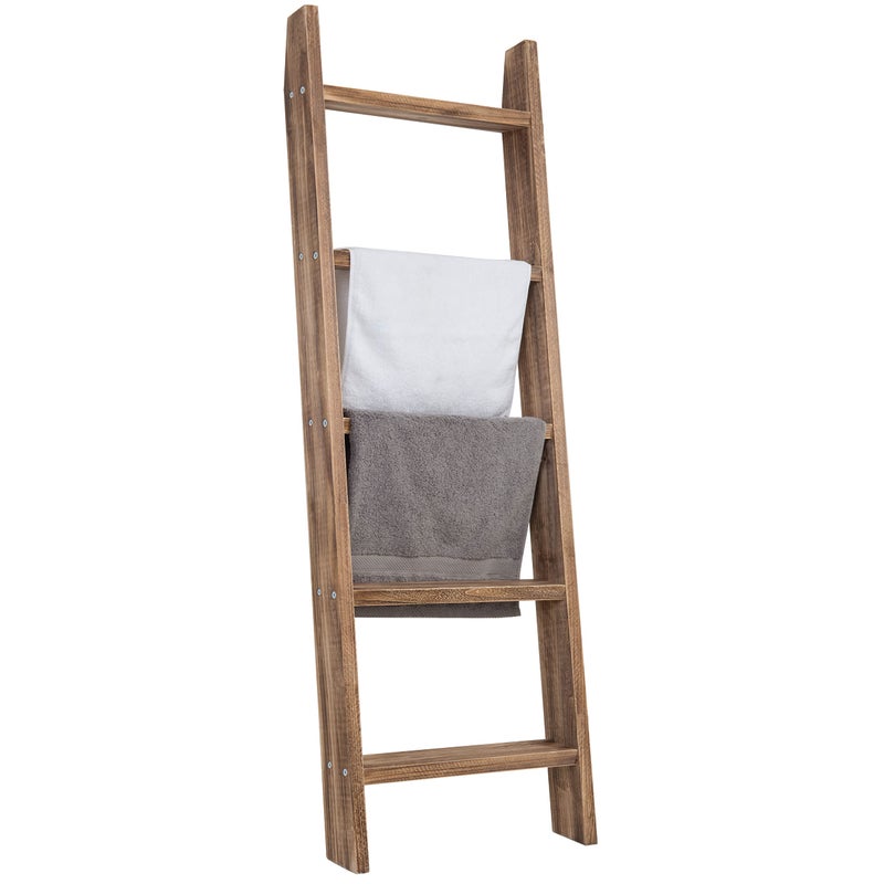 MyGift 4ft Tall Rustic Burnt Natural Wood Wall Leaning Blanket Ladder Shelf with 5 Rungs, Decorative Living Room Throw and Quilt Holder, Farmhouse Bedroom Decor - Image 1