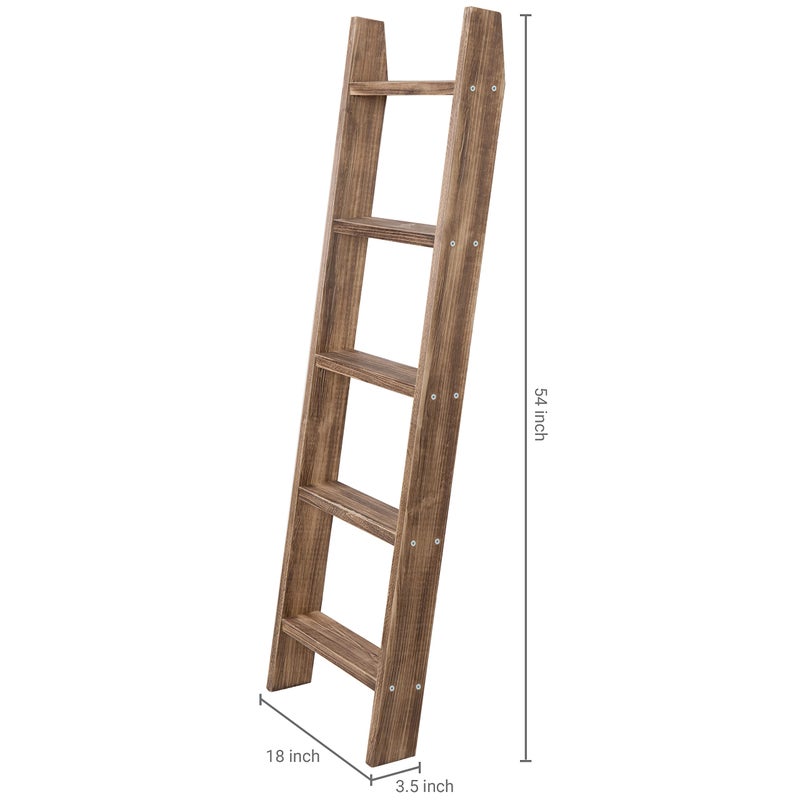 MyGift 4ft Tall Rustic Burnt Natural Wood Wall Leaning Blanket Ladder Shelf with 5 Rungs, Decorative Living Room Throw and Quilt Holder, Farmhouse Bedroom Decor - Image 5
