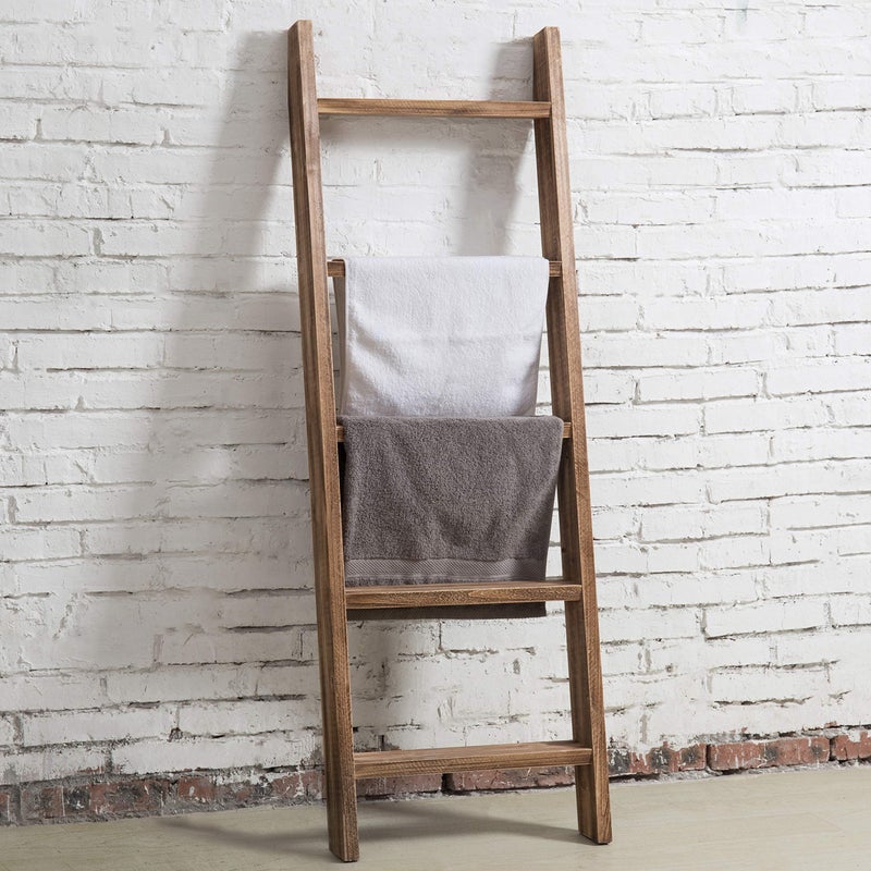 MyGift 4ft Tall Rustic Burnt Natural Wood Wall Leaning Blanket Ladder Shelf with 5 Rungs, Decorative Living Room Throw and Quilt Holder, Farmhouse Bedroom Decor - Image 4