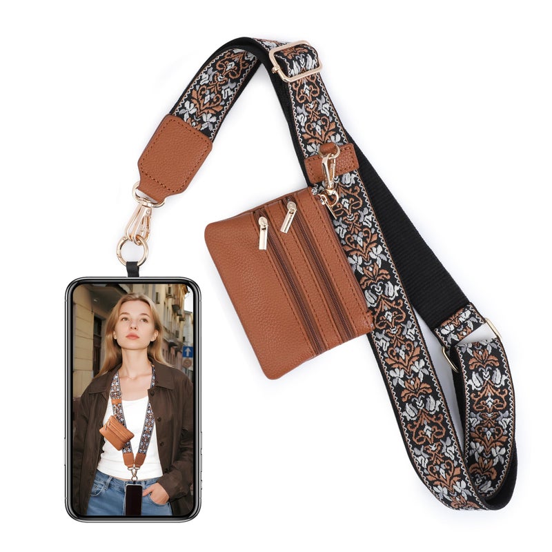 BARGIFTS Clip and Go Strap for Phone with Wallet Crossbody, Cell Phone Lanyard with Zippered Pouch, Adjustable Phone Strap Crossbody with Wallet- Brown - Image 1