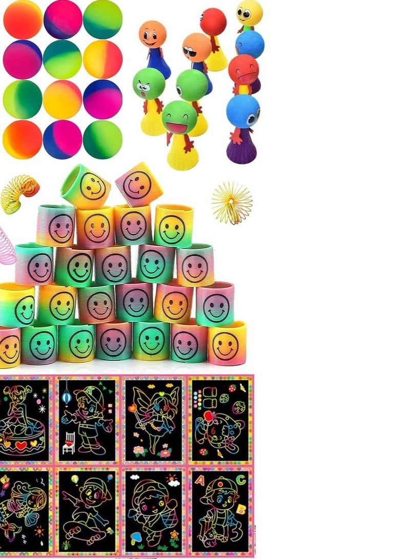 48 Set party favors for kids, 12 Bouncy Balls, 12 Smiley Spring, 12 jumping elf , 12 scratch sheets Children/Return Birthday Presents for Children/Pinata Birthday Goodie Bag Fillers for Girls and boys
