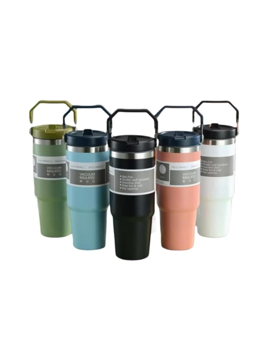 Mug with Handle and Straw Lid, 900ml Vacuum Insulated Stainless Steel Tumbler, BPA Free Double Wall Design, Keeps Drinks Hot or Cold, Large Capacity for Home, Office, Travel (Pink)