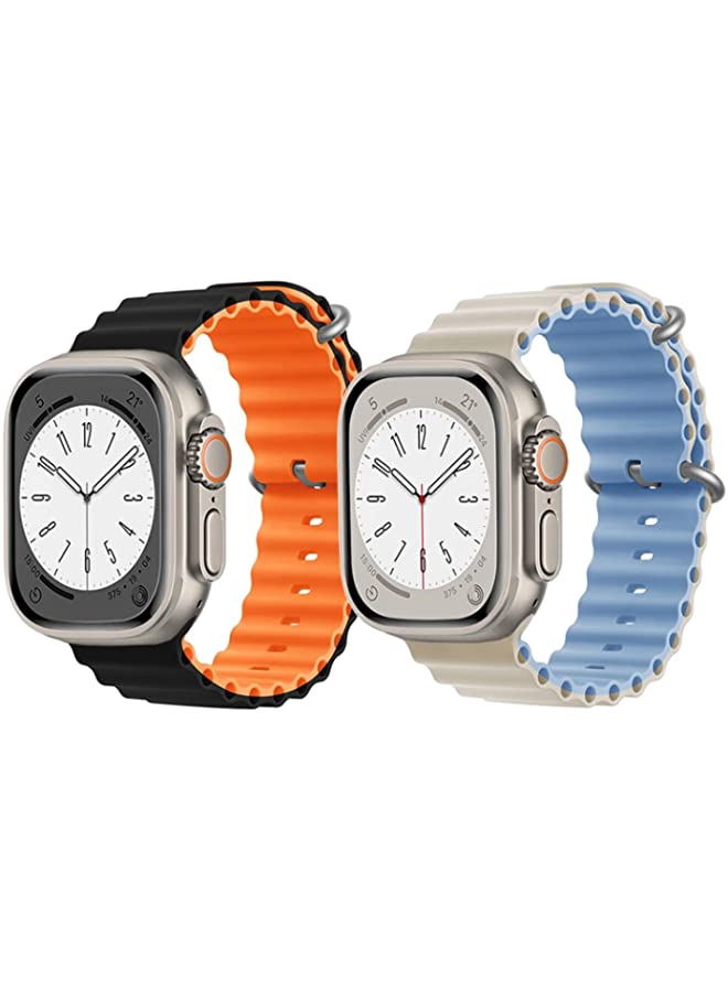 vesus Silicone Ocean Band Strap for Apple Watch Ultra 8 49mm Black/Orange Double Side Strap with Beige/Sky Blue Double Side Strap Set of 2