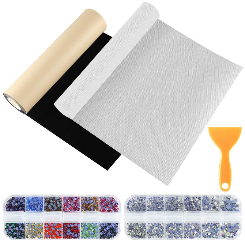 Batiyeer 11.8'' x 2 Yard Flock Rhinestone Kit Includes 14 Colors Hotfix Rhinestones Black Self Adhesive Flocking Template Material Flock Squeegee for Heat Transfer Crafts - Image 1