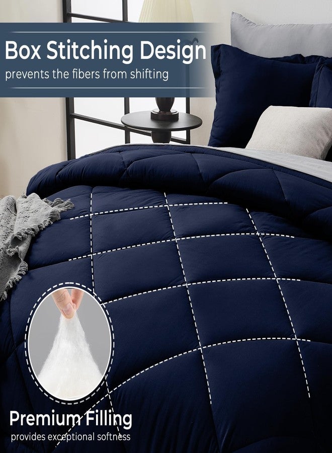 HEVUMYI Twin Comforter Set - 5-Piece All Season Bed in a Bag Twin, Ultra Soft Bedding Set with Comforter, Flat Sheet, Fitted Sheet, Pillowcases, Pillow Shams, Navy Blue & Light Grey - Image 4