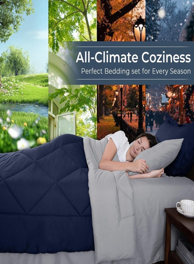 HEVUMYI Twin Comforter Set - 5-Piece All Season Bed in a Bag Twin, Ultra Soft Bedding Set with Comforter, Flat Sheet, Fitted Sheet, Pillowcases, Pillow Shams, Navy Blue & Light Grey - Image 3