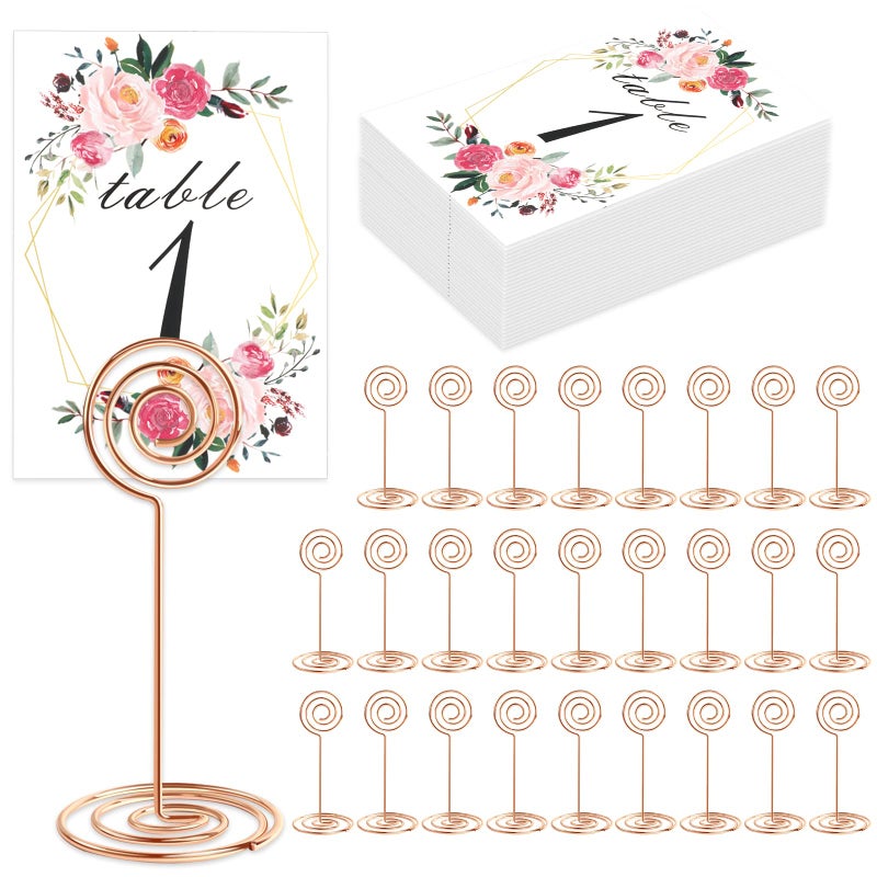 LeeLoon 26 PCS Table Number Holder  Table Card Holder Stand Wire Photo Holder with 26 Pcs Floral Table Number Cards Place Card Holder Stand for Weddings Party Office Paper Memo Menu Note Clips 