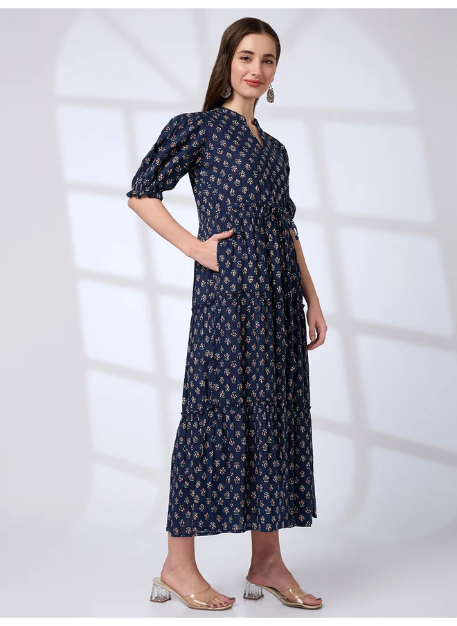 globus Globus Printed Puff Sleeves Waist Tie-Up Tiered Maxi Dress