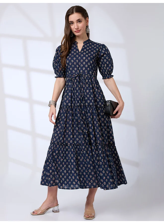 globus Globus Printed Puff Sleeves Waist Tie-Up Tiered Maxi Dress