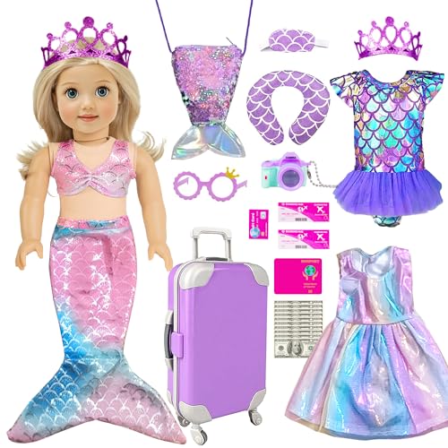 ibayda Mermaid 18 inch Doll Clothes and Doll Accessories Case Luggage Travel Play Set Include Suitcase Dresses Bag Camera Glasses Pillow Eyeshade Etc No Doll - Image 1