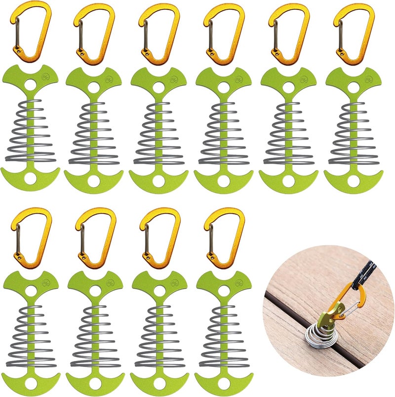 NACETURE Deck Anchors Pegs with Carabiners - Tie Down Anchor Rope Tensioner | Rope Tent Tie Down Stakes Clips, Canopy Tent Anchors Outdoor Camping Tent Accessories 10 Pack (Green) - Image 1