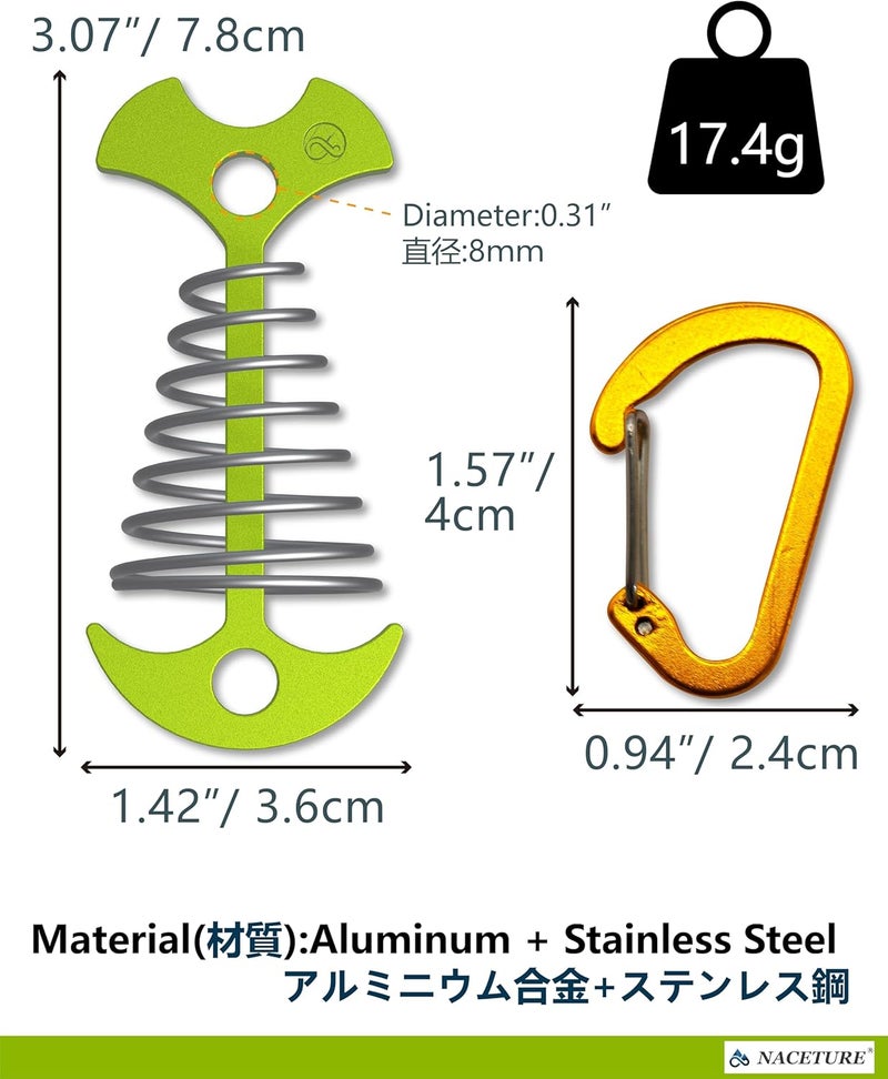 NACETURE Deck Anchors Pegs with Carabiners - Tie Down Anchor Rope Tensioner | Rope Tent Tie Down Stakes Clips, Canopy Tent Anchors Outdoor Camping Tent Accessories 10 Pack (Green) - Image 2