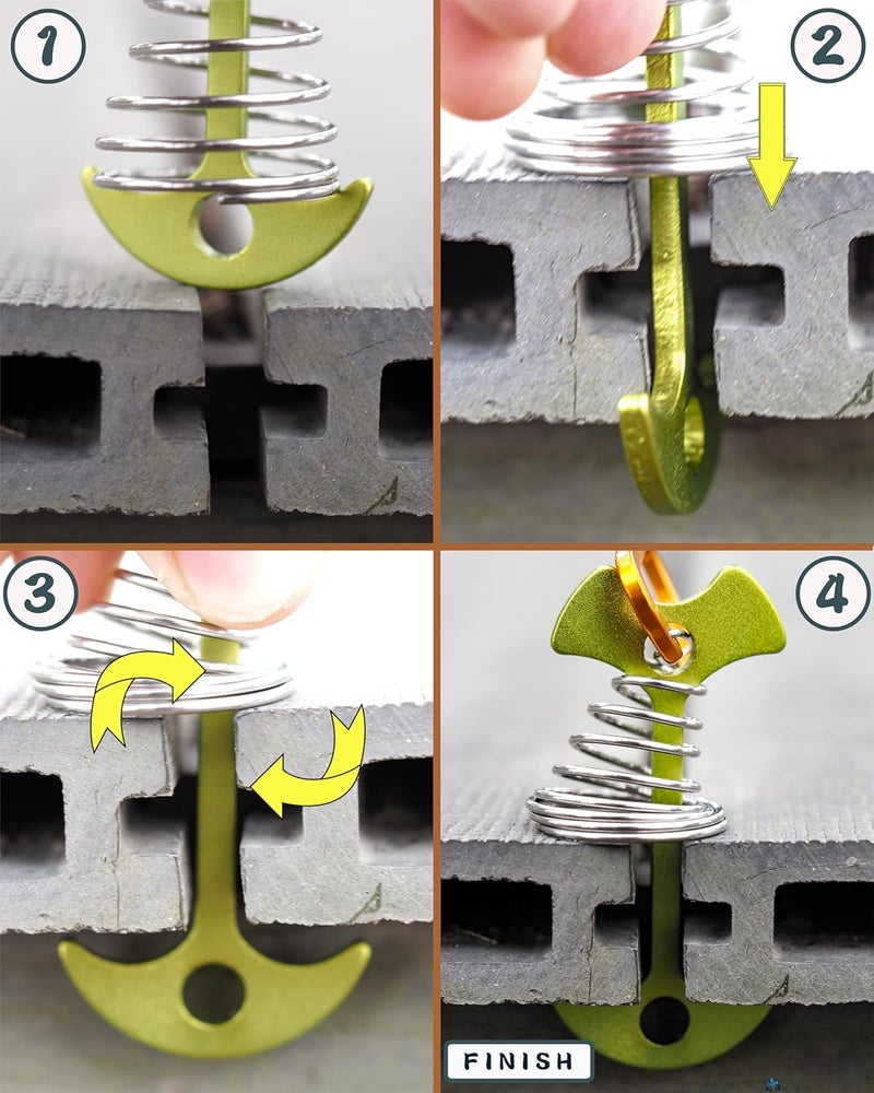 NACETURE Deck Anchors Pegs with Carabiners - Tie Down Anchor Rope Tensioner | Rope Tent Tie Down Stakes Clips, Canopy Tent Anchors Outdoor Camping Tent Accessories 10 Pack (Green) - Image 4