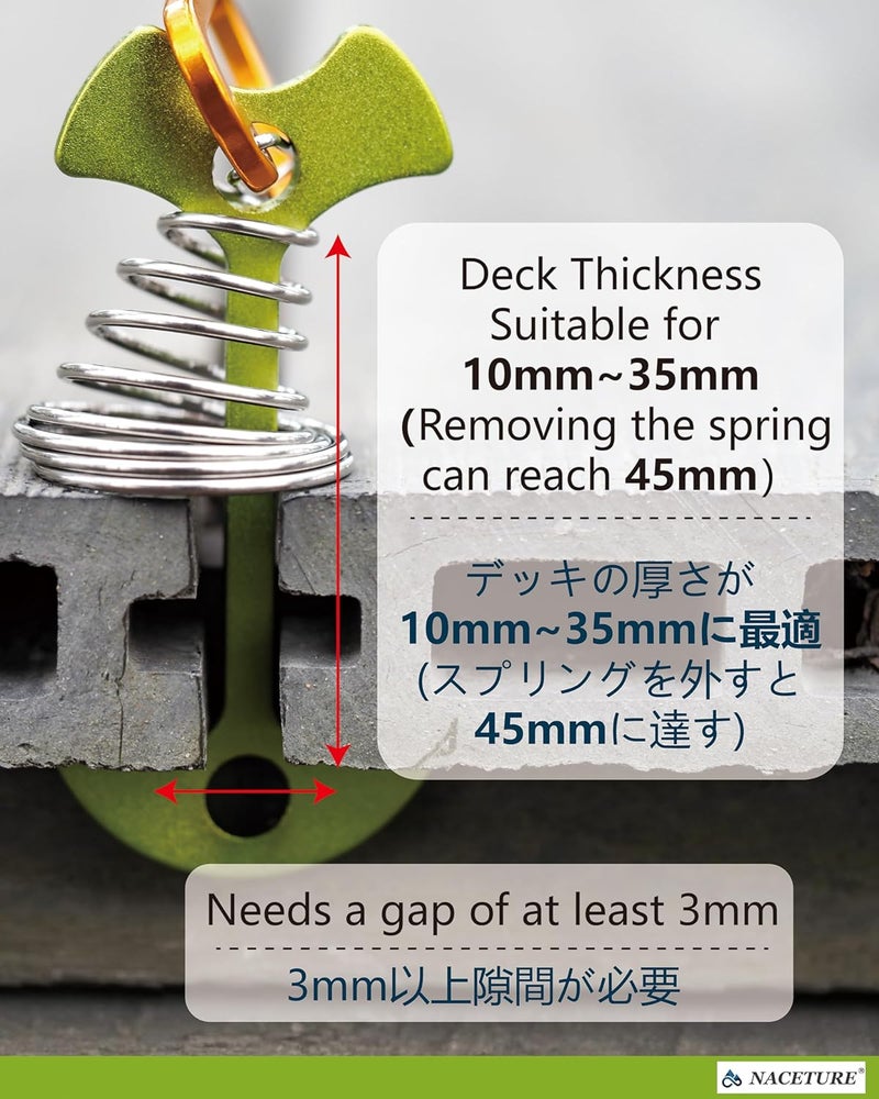 NACETURE Deck Anchors Pegs with Carabiners - Tie Down Anchor Rope Tensioner | Rope Tent Tie Down Stakes Clips, Canopy Tent Anchors Outdoor Camping Tent Accessories 10 Pack (Green) - Image 3