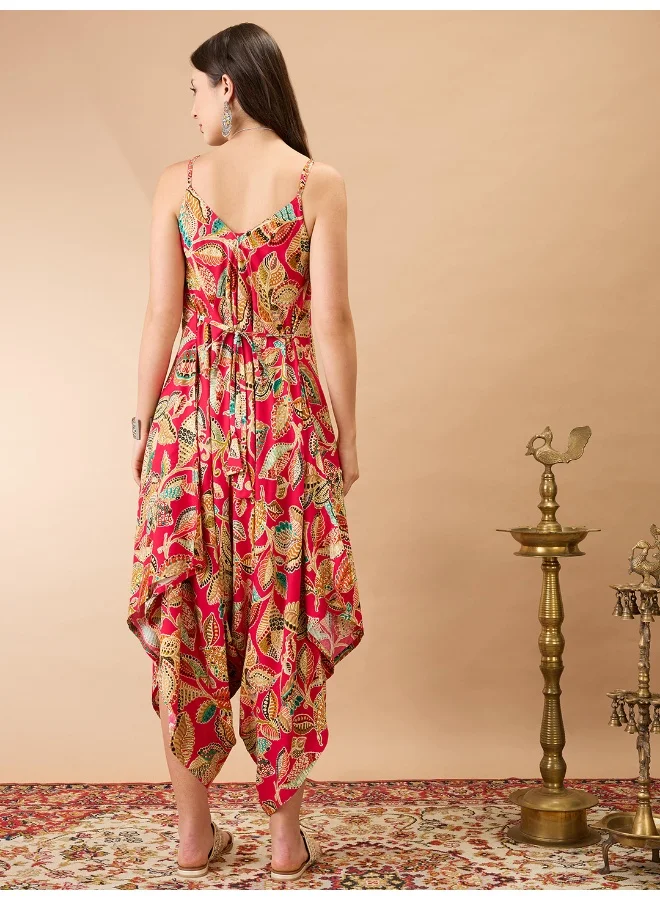 globus Women Fuchsia Floral Print V-Neck Shoulder Strap Dhoti Style Fusion Jumpsuit