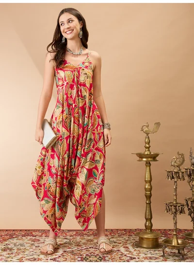 globus Women Fuchsia Floral Print V-Neck Shoulder Strap Dhoti Style Fusion Jumpsuit