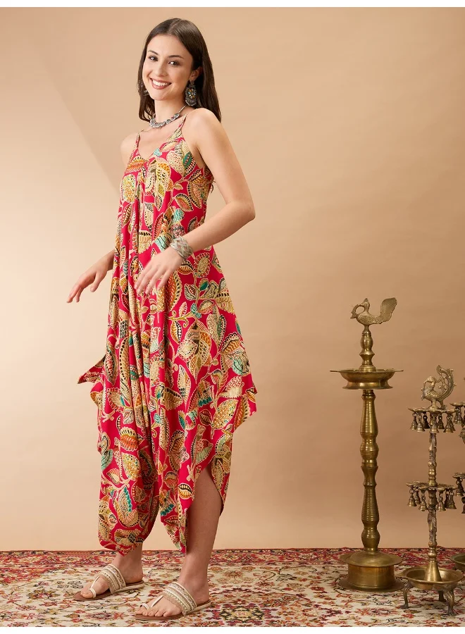 globus Women Fuchsia Floral Print V-Neck Shoulder Strap Dhoti Style Fusion Jumpsuit