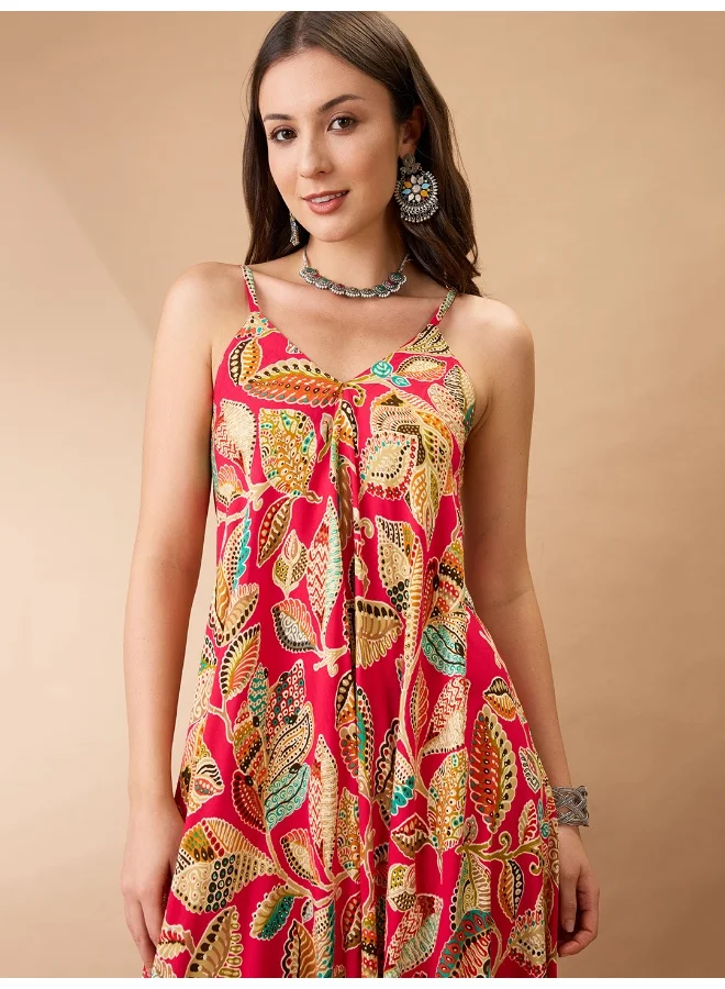 globus Women Fuchsia Floral Print V-Neck Shoulder Strap Dhoti Style Fusion Jumpsuit