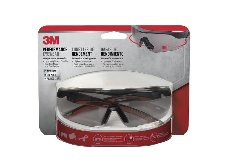 3M Safety Eyewear Aerodynamic Design Black wRed Accent Frame Gray Lens AntiFog