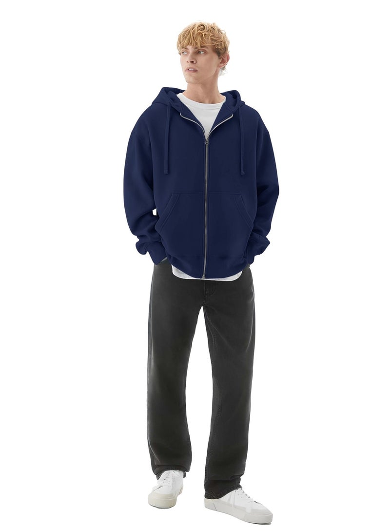 Maniac Mens Solid Hooded Neck Full Sleeve Full Zipper Open Navy French Terry Loose fit Sweatshirt - Image 4