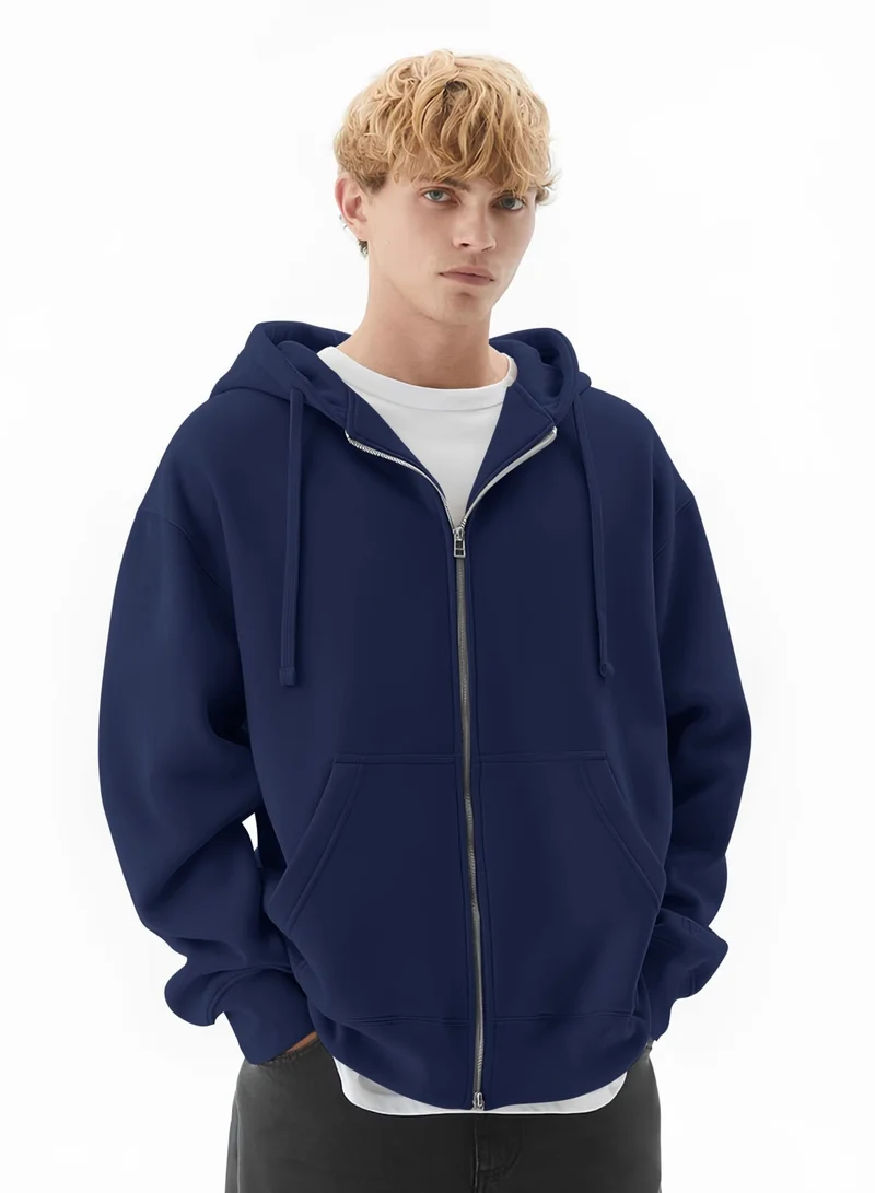 مانياك سويت شيرت رجالي سادة بقلنسوة وسحاب كامل وأكمام طويلة، مقاس واسع، تيري فرنسي، كحلي