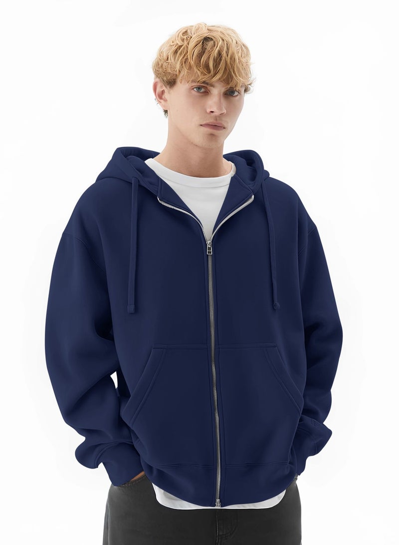 Maniac Mens Solid Hooded Neck Full Sleeve Full Zipper Open Navy French Terry Loose fit Sweatshirt - Image 1