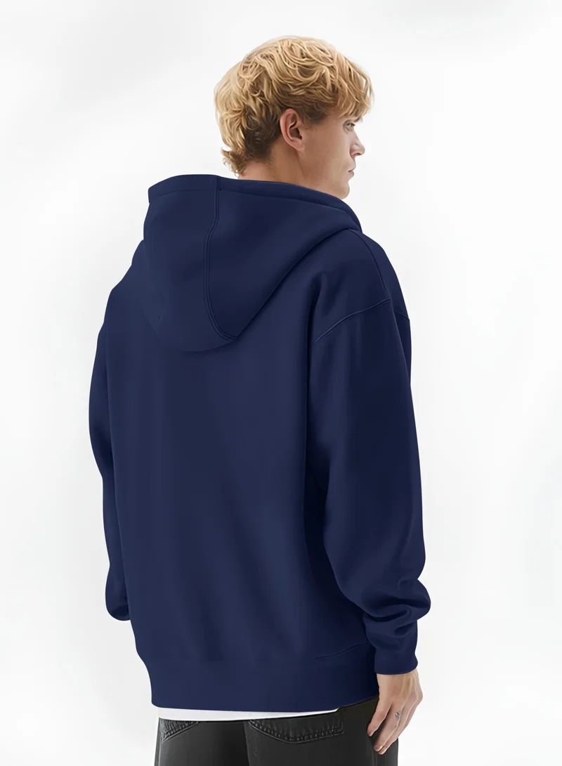 مانياك سويت شيرت رجالي سادة بقلنسوة وسحاب كامل وأكمام طويلة، مقاس واسع، تيري فرنسي، كحلي