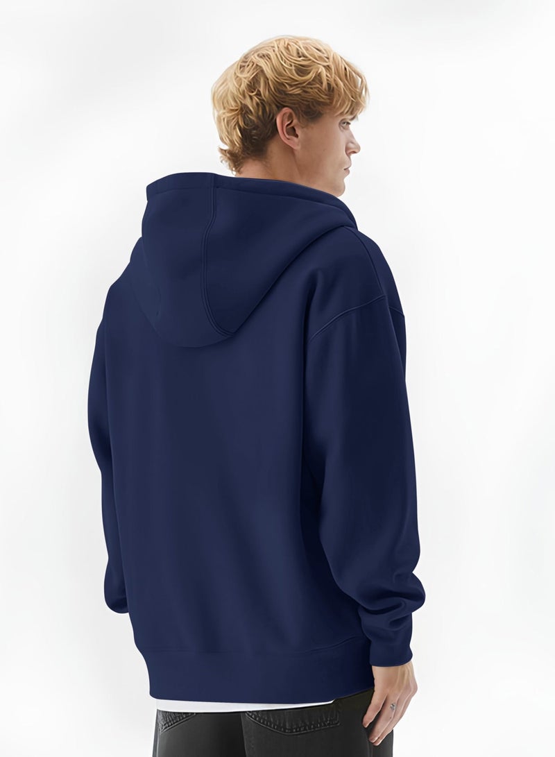 Maniac Mens Solid Hooded Neck Full Sleeve Full Zipper Open Navy French Terry Loose fit Sweatshirt - Image 2
